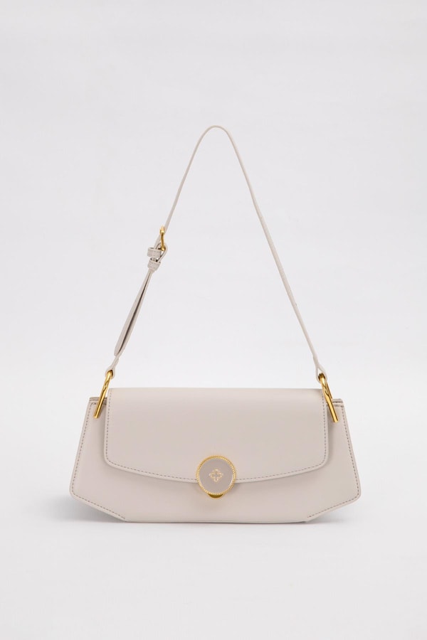 Gri Oval Gold Aksesuarlı Omuz Çantası