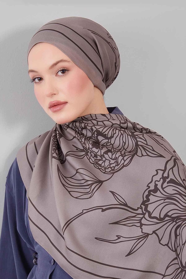 Gri Sümbül Çiçek Desen Yün İpek Şal