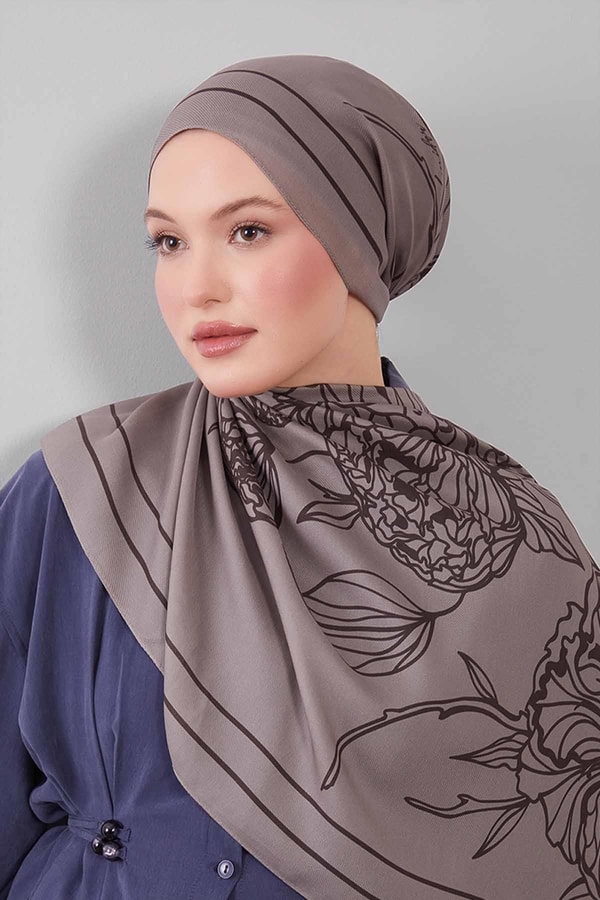 Gri Sümbül Çiçek Desen Yün İpek Şal