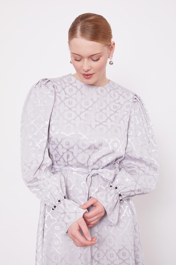 Gri Yonca Desen Elbise