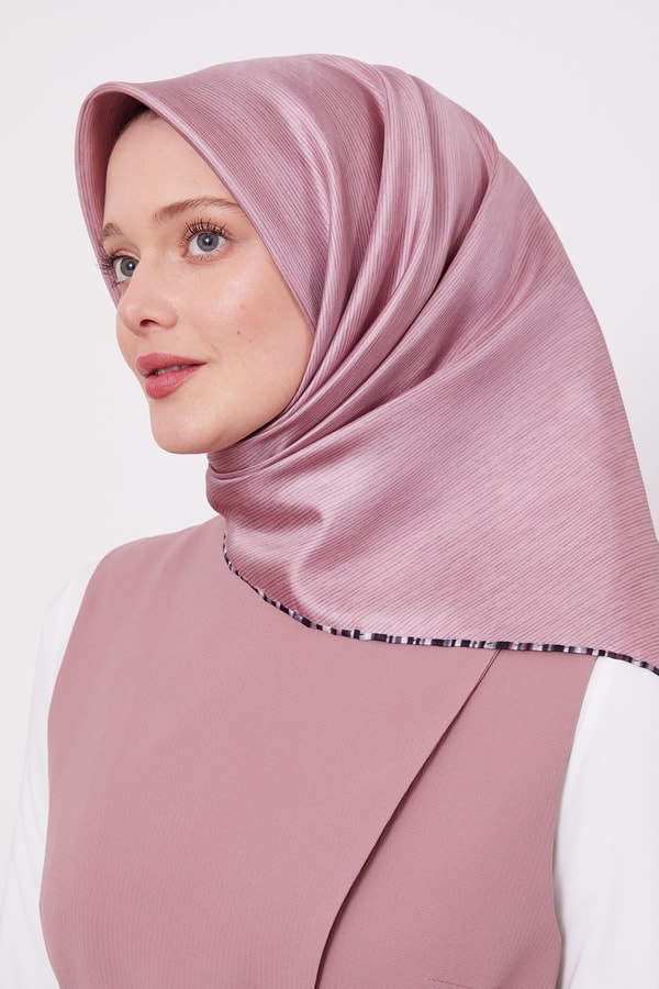 Çizgili Twill İpek Eşarp Gül Kurusu