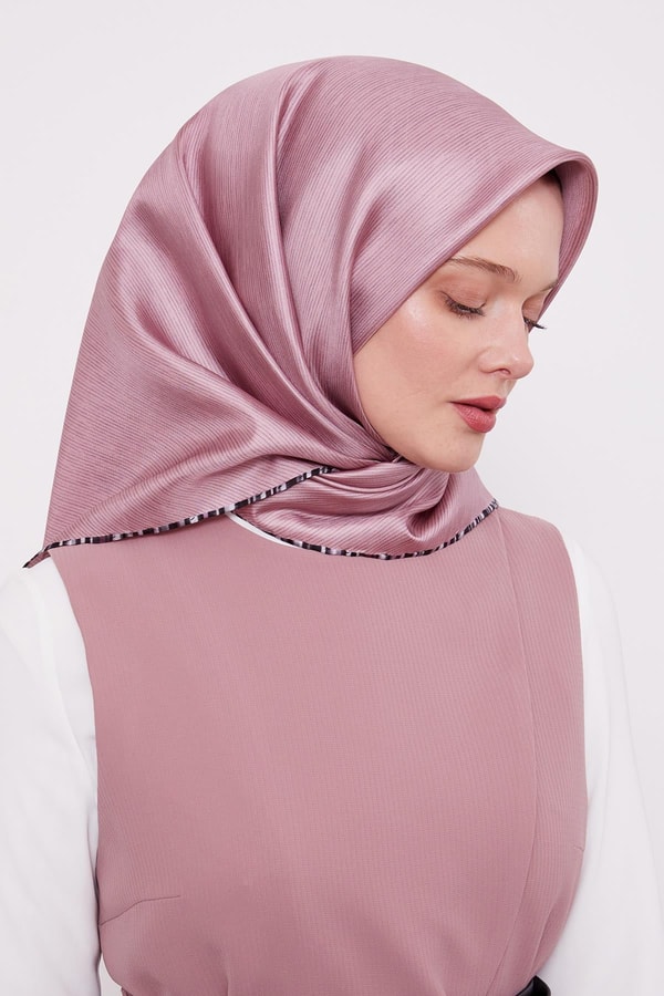 Çizgili Twill İpek Eşarp Gül Kurusu