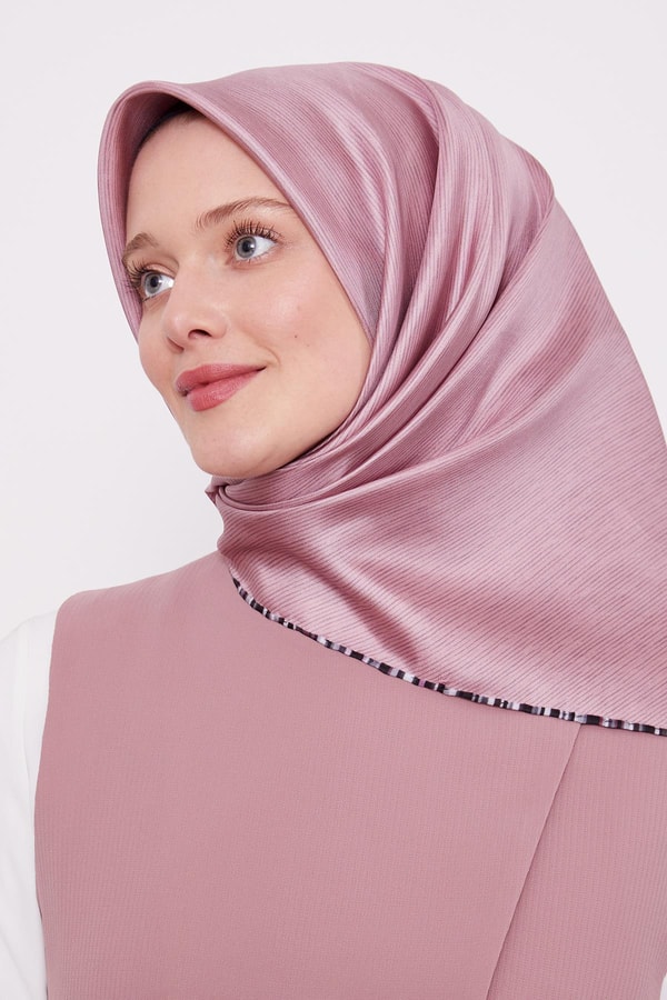 Çizgili Twill İpek Eşarp Gül Kurusu