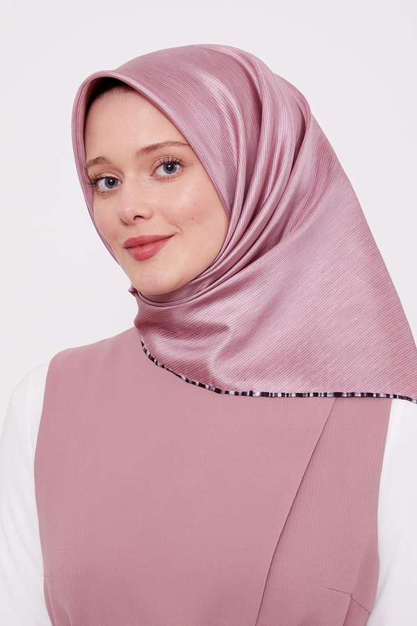 Çizgili Twill İpek Eşarp Gül Kurusu