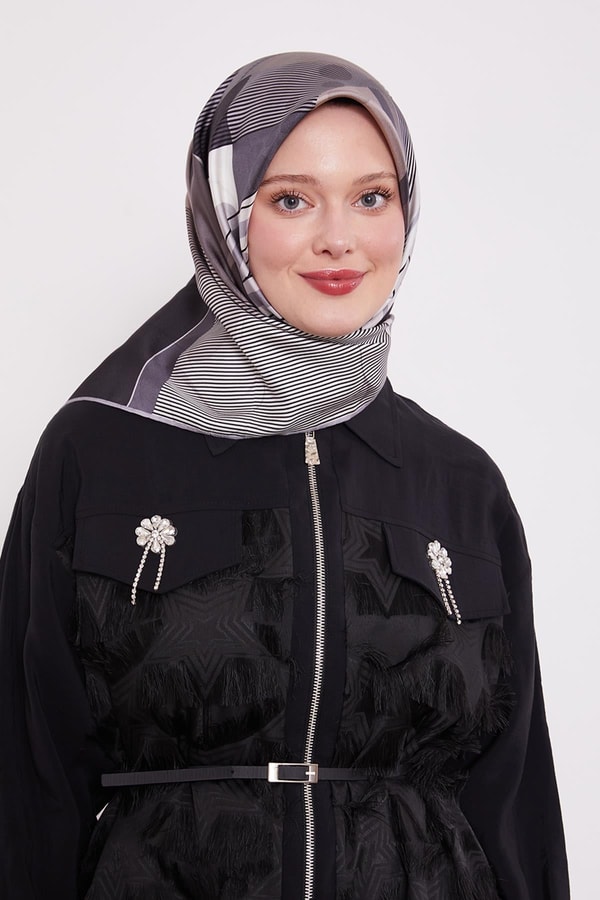 Gümüş Labirent Desen Twill İpek Eşarp