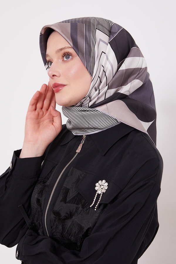 Gümüş Labirent Desen Twill İpek Eşarp