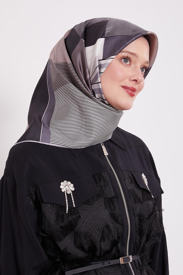 Gümüş Labirent Desen Twill İpek Eşarp