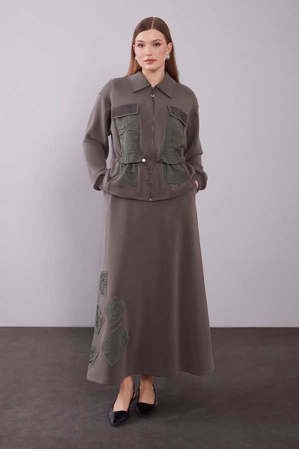 Haki Büzgü Yama Detaylı Etek Takım