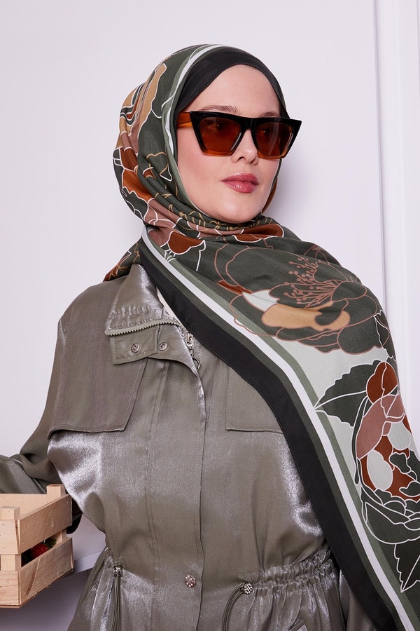 Haki Çiçek Desen Royal Şal