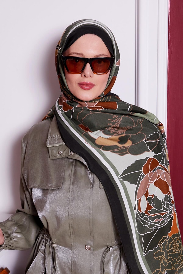 Haki Çiçek Desen Royal Şal