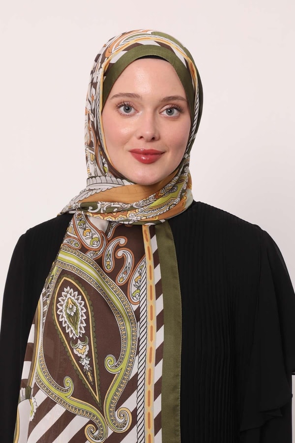 Haki Çizgili Hint İpeği Şal