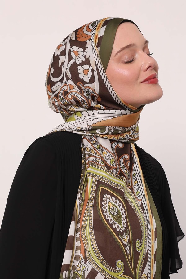 Haki Çizgili Hint İpeği Şal