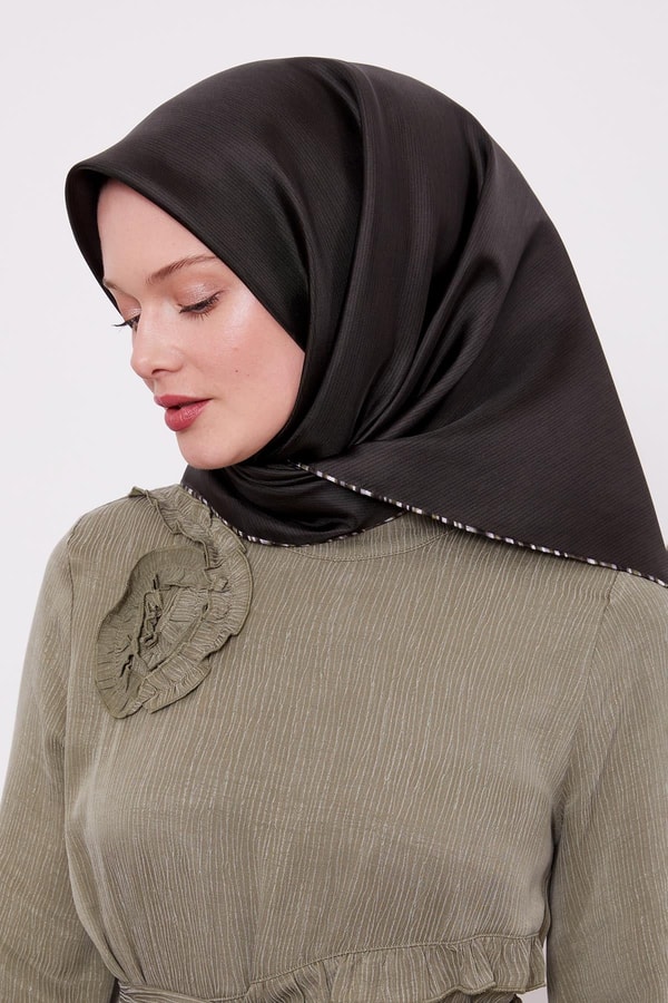 Haki Çizgili Twill İpek Eşarp