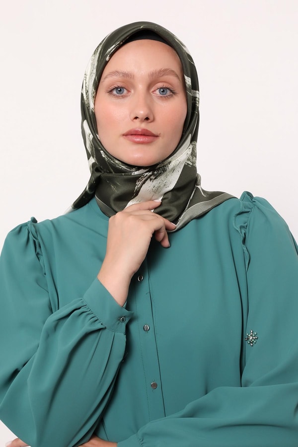 Haki Fırça İzi Desen Twill İpek Eşarp