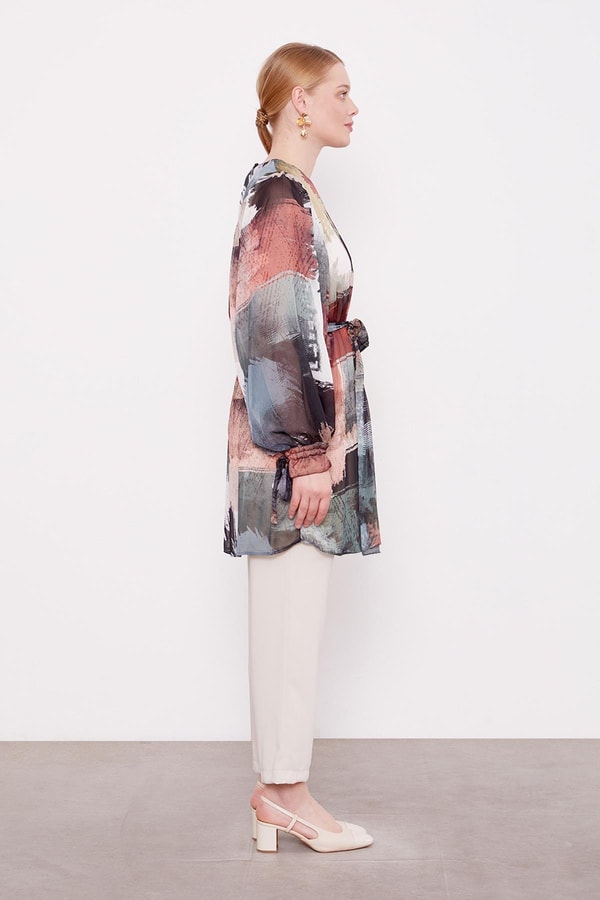 Haki Karışık Fırça Desen Şifon Tunik