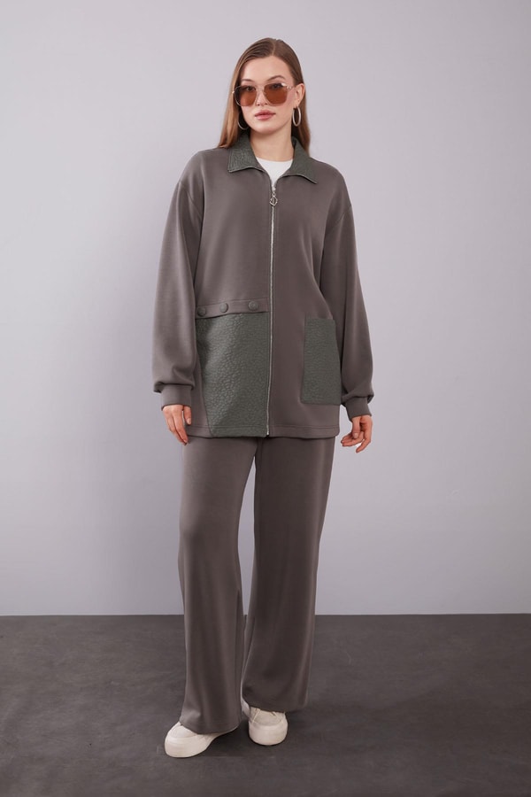 Haki Kendinden Desen Yakalı İkili Takım