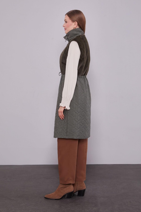 Haki Kürk Detaylı Yelek