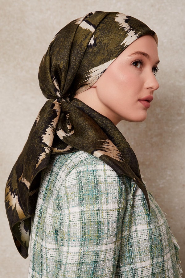 Zigzag Spor Desen Twill İpek Eşarp Haki