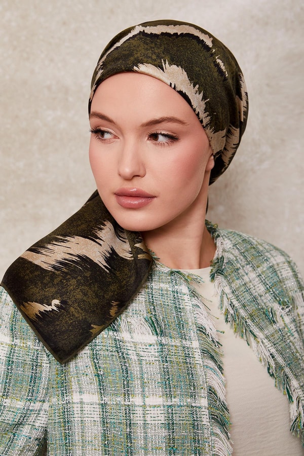 Zigzag Spor Desen Twill İpek Eşarp Haki