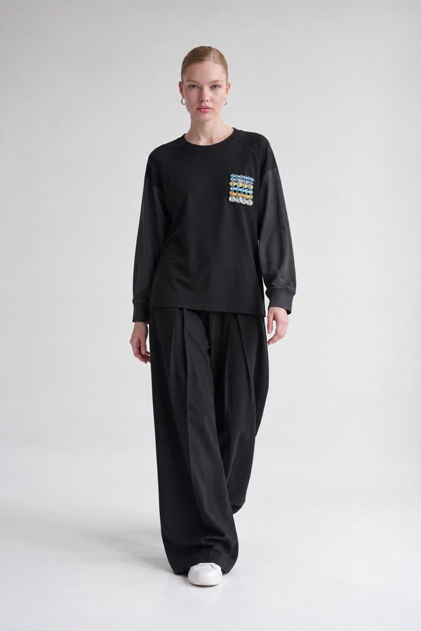 İki İplik İnce Sweatshirt Siyah