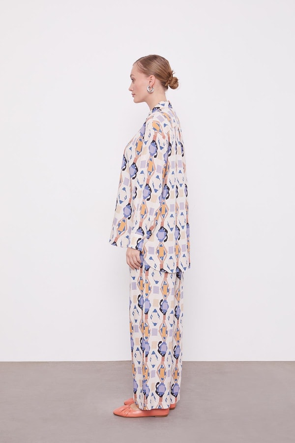 İndigo Geometrik Desenli Tunik Takım