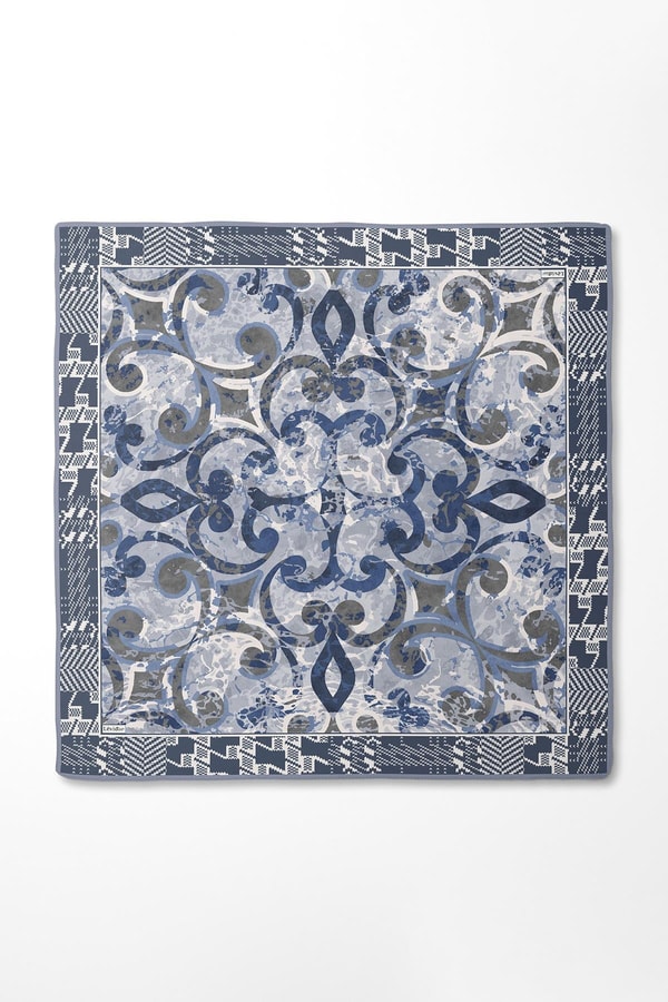 İndigo Desenli Twill İpek Eşerp