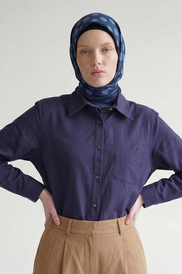 İndigo Puantiyeli Twill İpek Eşarp