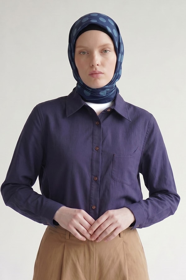 İndigo Puantiyeli Twill İpek Eşarp