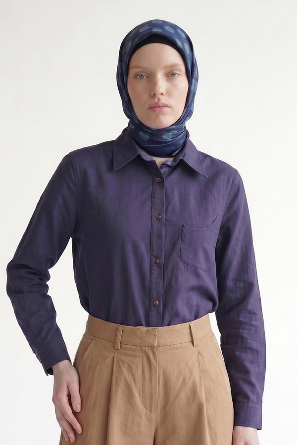 İndigo Puantiyeli Twill İpek Eşarp