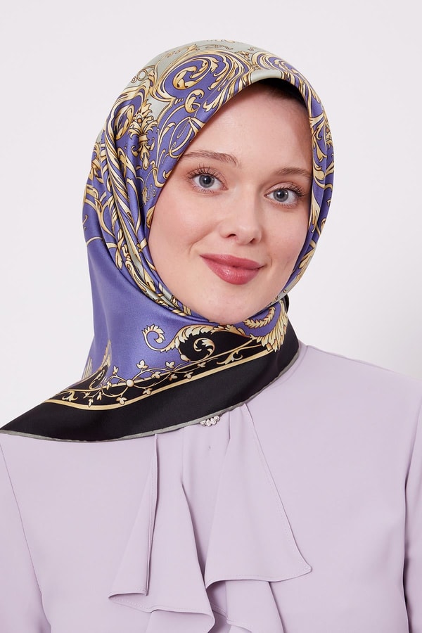 İndigo Varak Desenli Twill İpek Eşarp