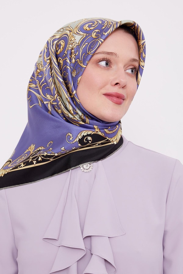 İndigo Varak Desenli Twill İpek Eşarp