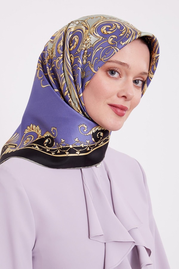 İndigo Varak Desenli Twill İpek Eşarp
