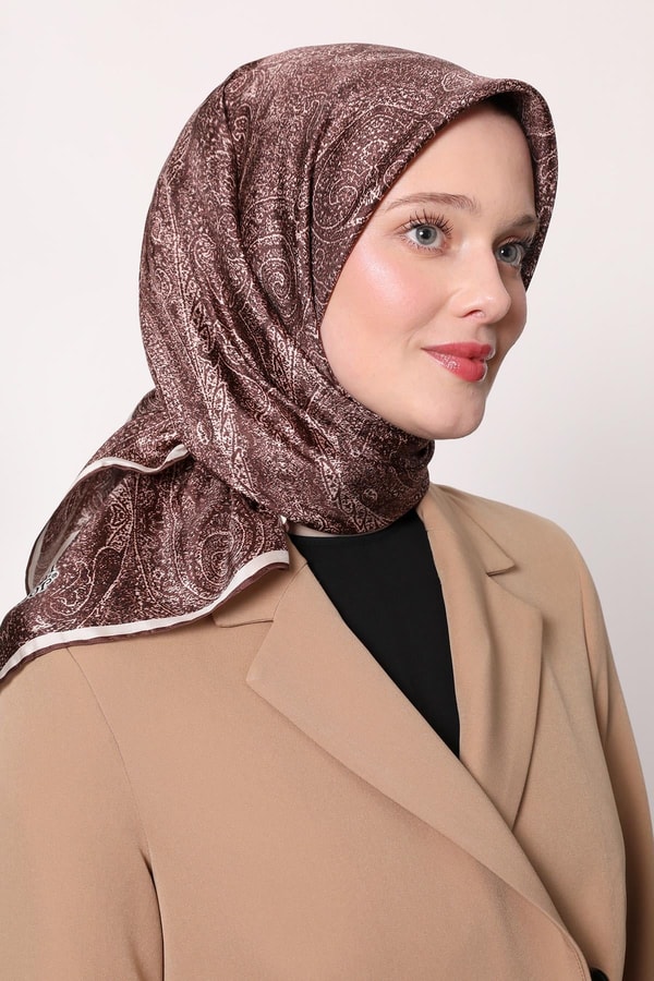 Koyu Bordo Soyut Etnik Desen Twill İpek Eşarp