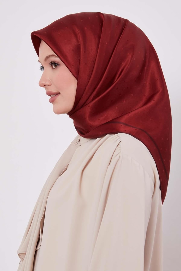 Koyu Bordo Benek Desen Monogram İpek Eşarp