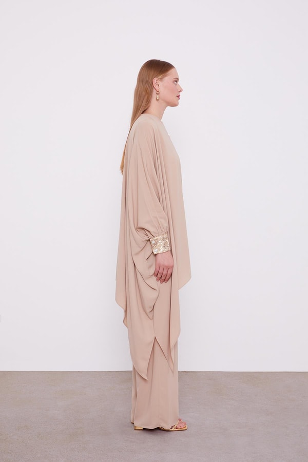Koyu Bej Payet Detay Tunik Takım