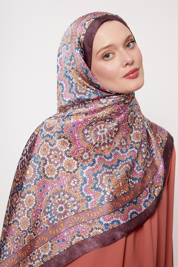 Koyu Mor Batik Desen Hint İpeği Şal