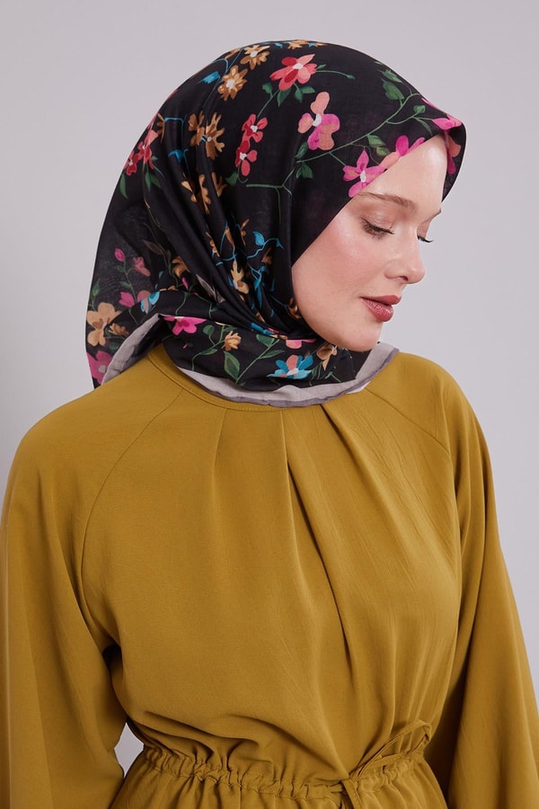 Koyu Vizon Çiçek Dalı Desen Soft Eşarp