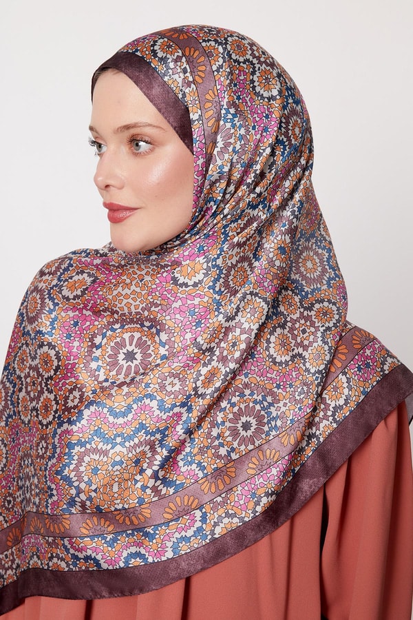 Koyu Mor Batik Desen Hint İpeği Şal