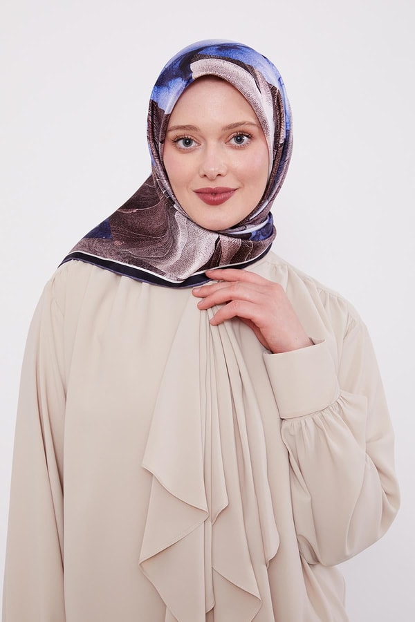 Koyu Lacivert Soyut Ebruli Desen Twill İpek Eşarp
