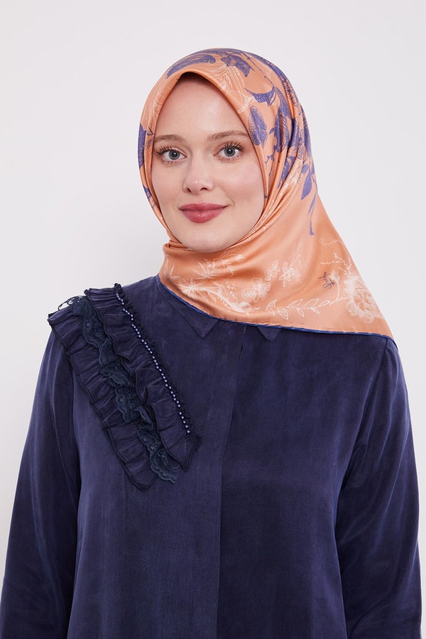 Koyu Somon Soyut Gül Desen Twill İpek Eşarp