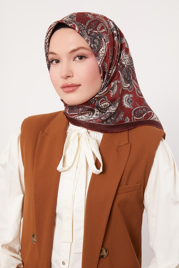 Koyu Bordo Karışık Retro Twill İpek Eşarp