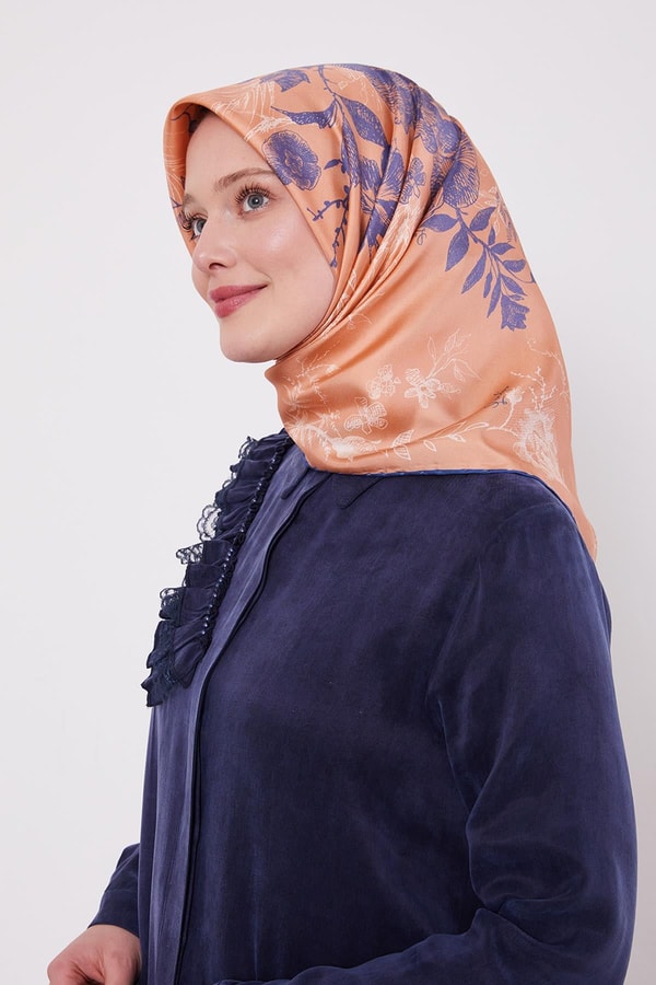 Koyu Somon Soyut Gül Desen Twill İpek Eşarp