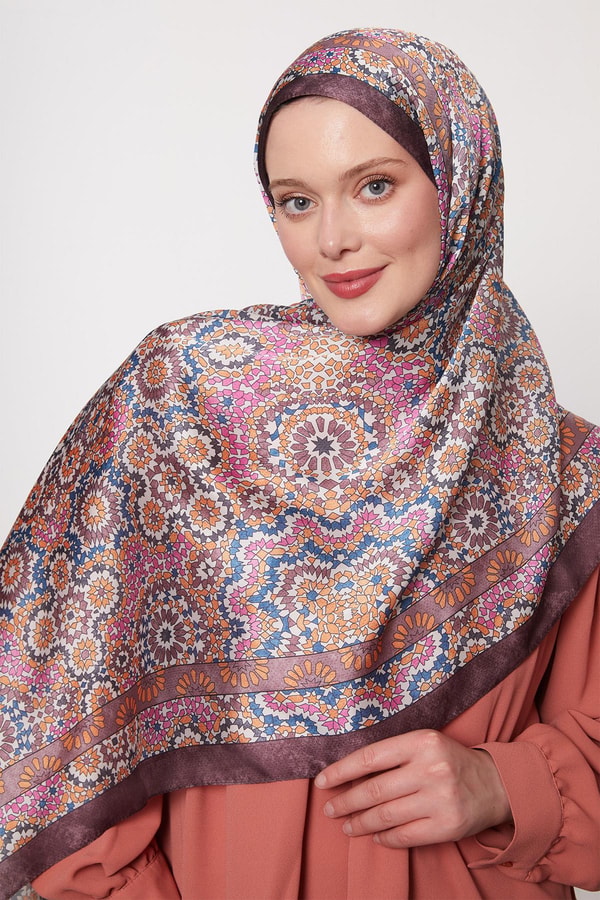 Koyu Mor Batik Desen Hint İpeği Şal
