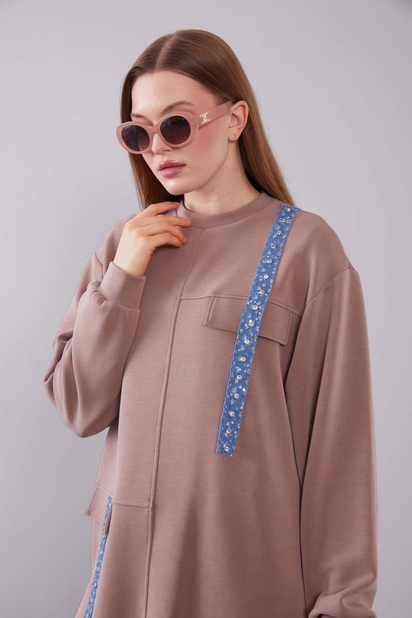 Koyu Vizon Kot Şerit Detaylı Sweat