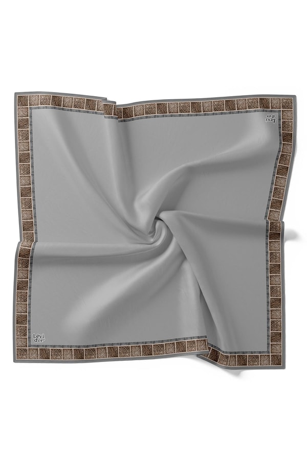 Koyu Gri Kenar Leopar Twill İpek Eşarp