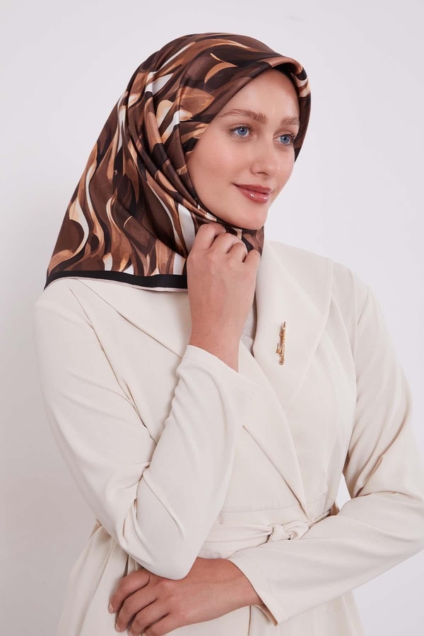 Koyu Kahve Ebruli Desen Twill İpek Eşarp