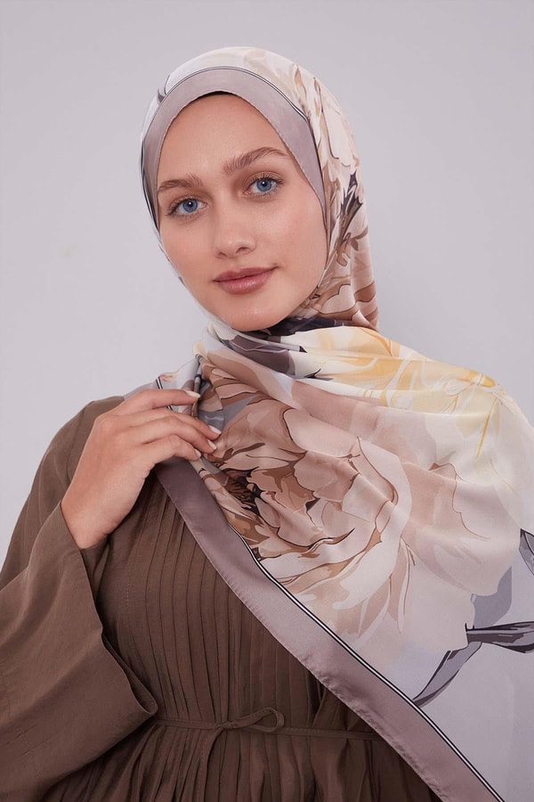 Koyu Vizon Lotus Desen Hint İpeği Şal