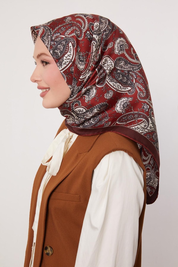 Koyu Bordo Karışık Retro Twill İpek Eşarp