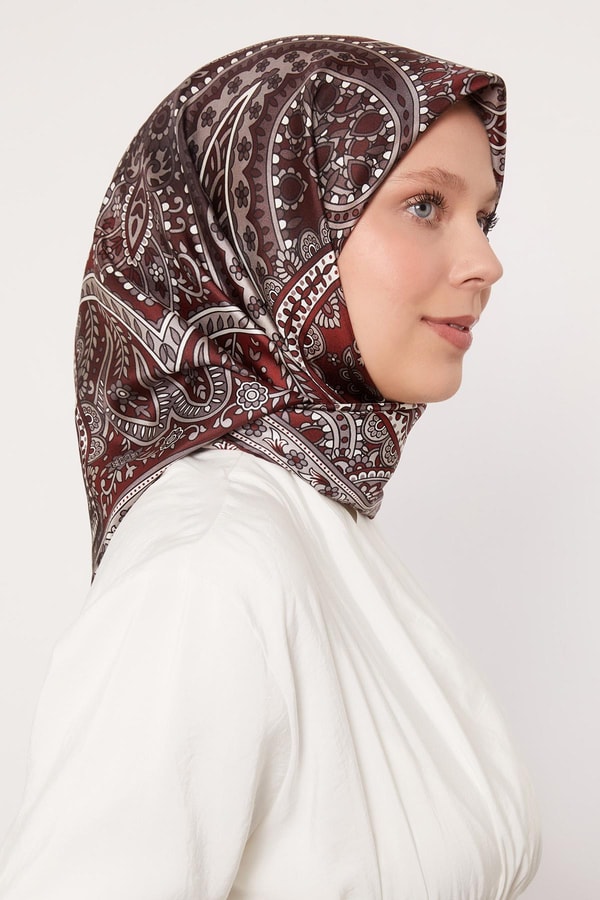 Koyu Bordo Karışık Hint Desen Twill İpek Eşarp