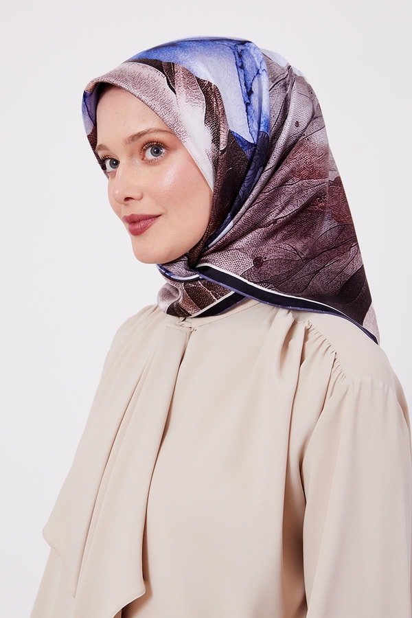 Koyu Lacivert Soyut Ebruli Desen Twill İpek Eşarp